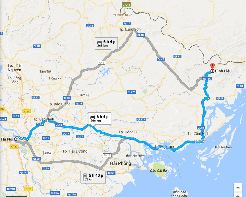 Bản đồ di chuyển từ Bình Liêu - Hà Nội 